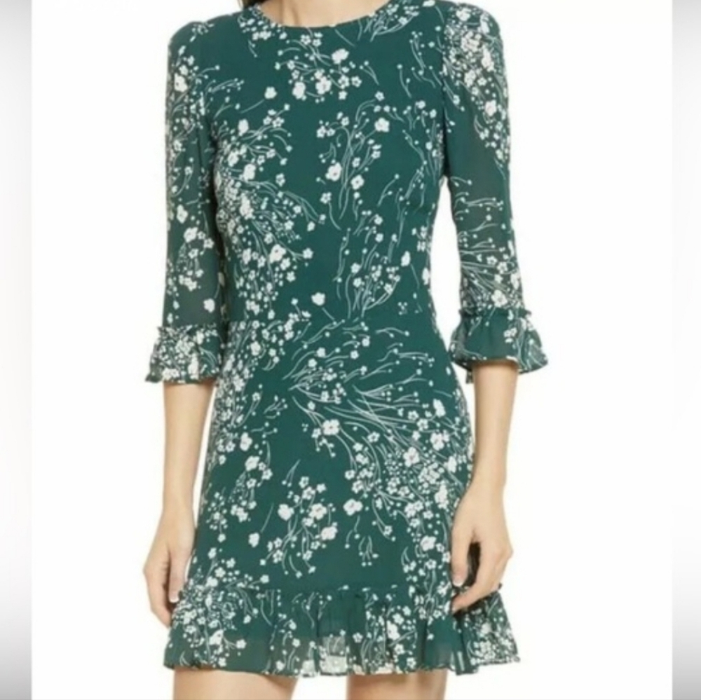 Reformation Doutzen Floral Green Mini Dress with Ruffle Sleeves and Hem Size 2